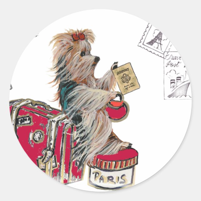 Yorkie Traveling Paris Runder Aufkleber (Vorderseite)