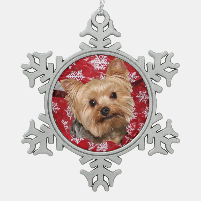 Yorkie Weihnachten Schneeflocken Zinn-Ornament (Vorderseite)