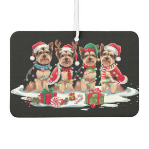 Yorkie-Weihnachtsmannmütze gegen die Weihnachtsbel Autolufterfrischer