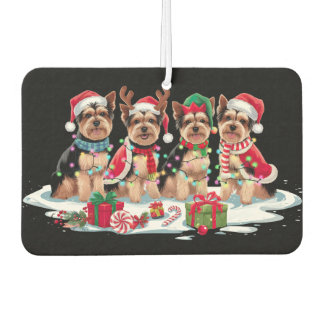 Yorkie-Weihnachtsmannmütze gegen die Weihnachtsbel Autolufterfrischer