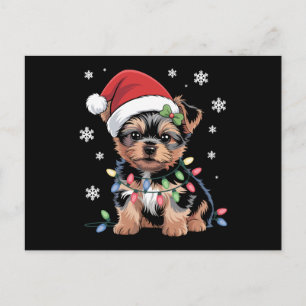 Yorkie-Welpe Hund Santa Hut Weihnachtslichter Xmas Feiertagspostkarte