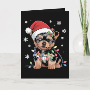 Yorkie-Welpe Hund Santa Hut Weihnachtslichter Xmas Karte