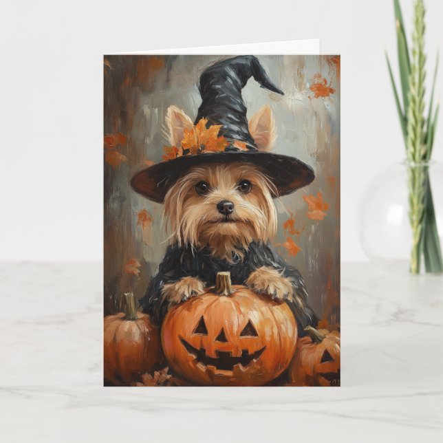Yorkie Witch Halloween Feiertagskarte (Vorderseite)