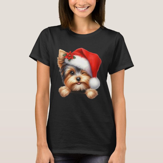 Yorkie Yorkshire Terrier Dog Christmas Santa Hat D T-Shirt (Vorderseite)