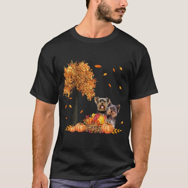 Yorkies Autumn Leaf Fall Dog Lover Thanksgiving T-Shirt (Vorderseite)