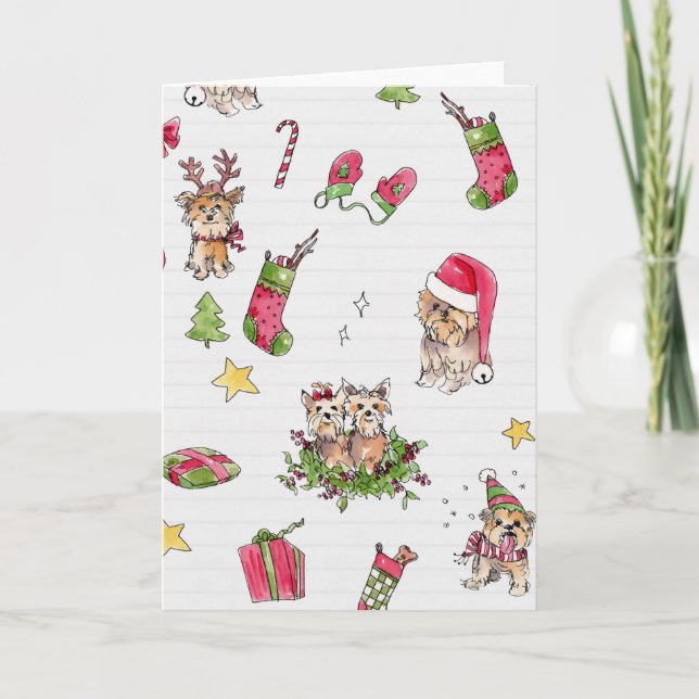 Yorkies bei der Weihnachtskarte Feiertagskarte (Vorderseite)