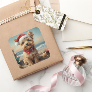 Yorkipoo Dog Christmas Vintag Beach Quadratischer Aufkleber