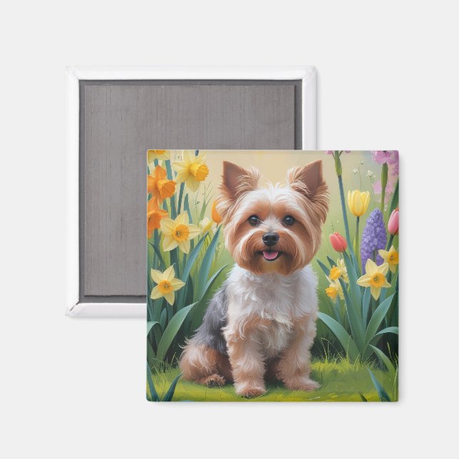 Yorkipoo Dog Spring Flowers Malerei Magnet (Vorderseite/Rückseite)
