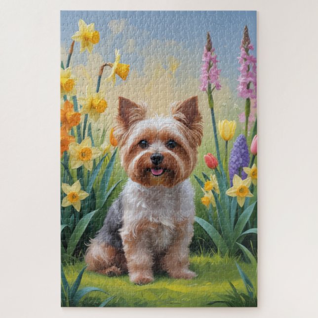 Yorkipoo Dog Spring Flowers Malerei Puzzle (Vertikal)