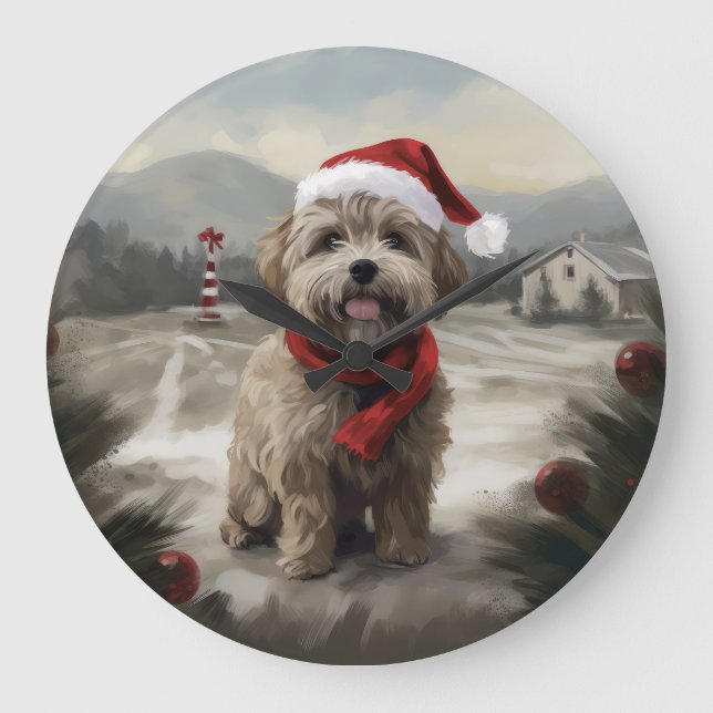 Yorkipoo Dog zu Weihnachten im Schnee Große Wanduhr (Vorderseite)