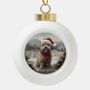 Yorkipoo Dog zu Weihnachten im Schnee Keramik Kugel-Ornament
