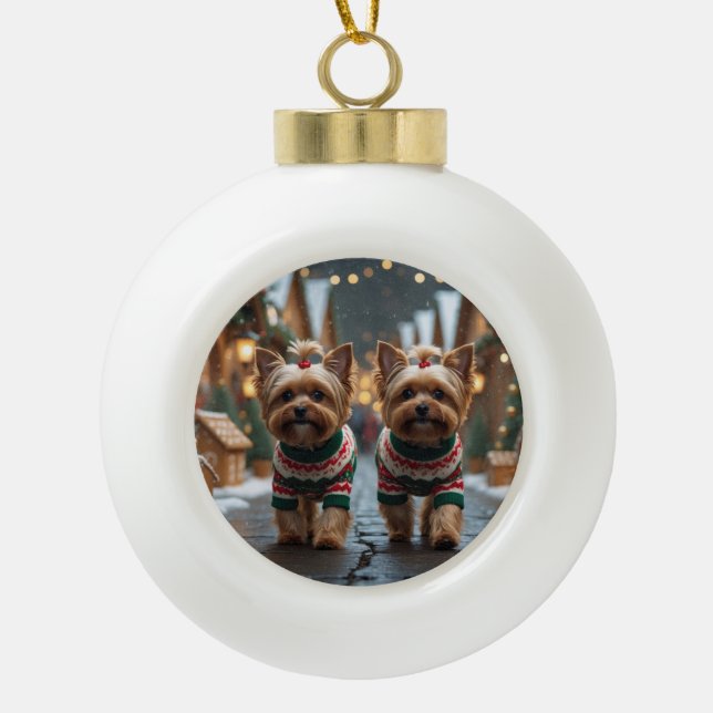 Yorkipoo Dogs Christmas Snow Holiday Keramik Kugel-Ornament (Vorderseite)