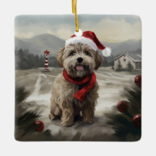 Yorkipoo-Hund im Schnee Weihnachten Keramikornament