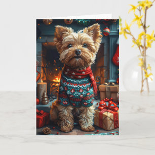 Yorkipoo-Hund mit Weihnachtsgeschenken Kamin Karte