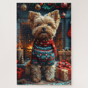 Yorkipoo-Hund mit Weihnachtsgeschenken Kamin Puzzle
