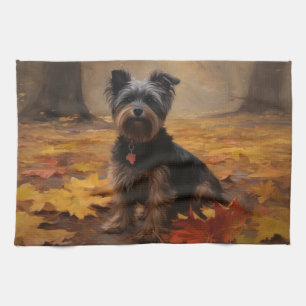 Yorkipoo im Herbst Blätterfall inspiriert Geschirrtuch