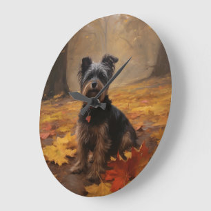 Yorkipoo im Herbstfall Inspiriert Große Wanduhr