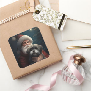 Yorkipoo mit Weihnachtsmann Festives Weihnachten Quadratischer Aufkleber