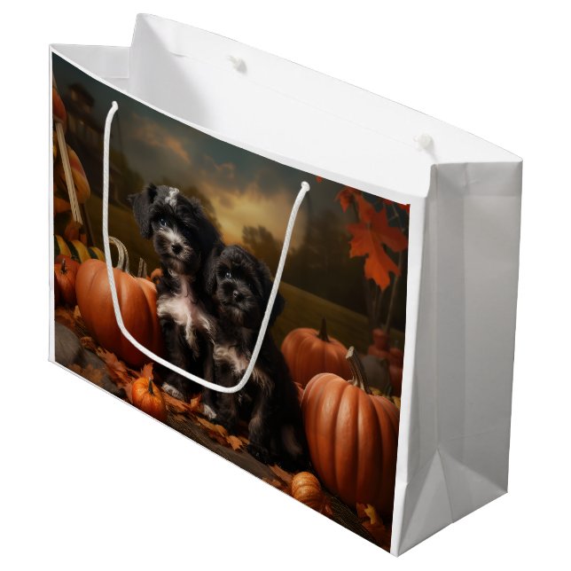 Yorkipoo Puppy Autumn Delight Pumpkin Große Geschenktüte (Vorderseite Schrägansicht)