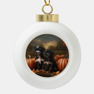 Yorkipoo Puppy Autumn Delight Pumpkin Keramik Kugel-Ornament