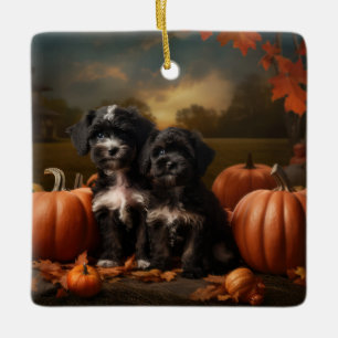 Yorkipoo Puppy Autumn Delight Pumpkin Keramikornament