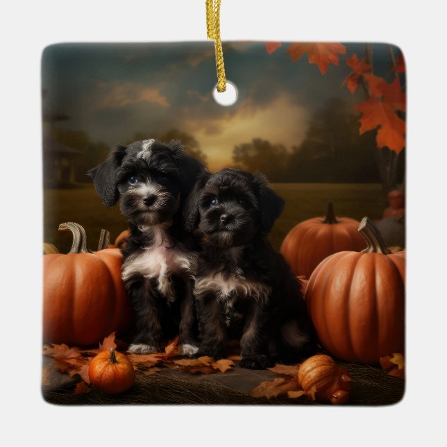 Yorkipoo Puppy Autumn Delight Pumpkin Keramikornament (Vorderseite)