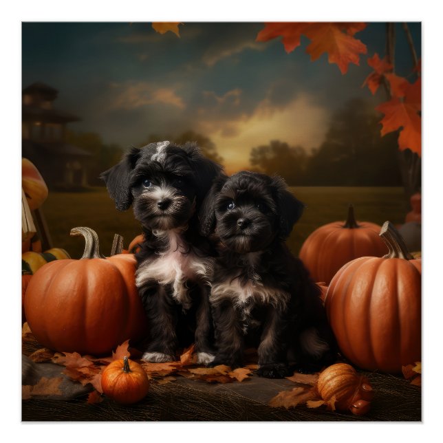 Yorkipoo Puppy Autumn Delight Pumpkin Poster (Vorderseite)