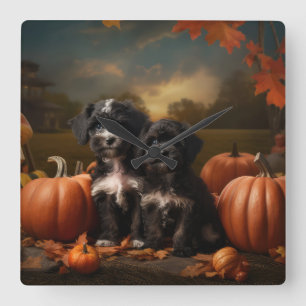 Yorkipoo Puppy Autumn Delight Pumpkin Quadratische Wanduhr