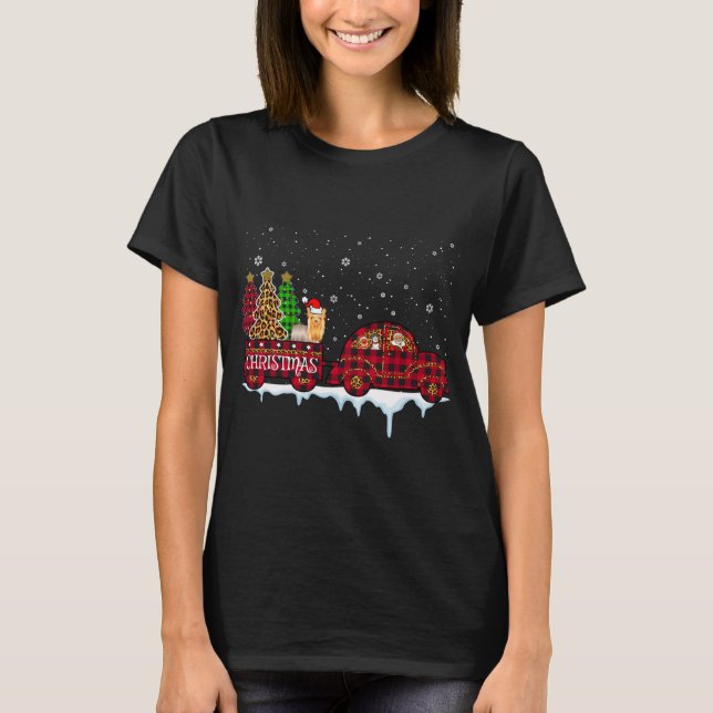 Yorkshire Dog Christmas Red Kariert Truck Santa Xm T-Shirt (Vorderseite)