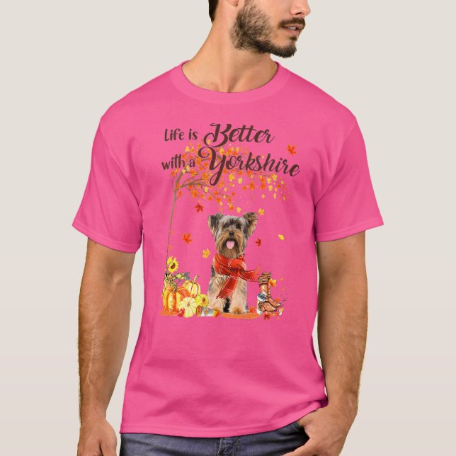Yorkshire Maple Tree Erntedank Day Niedlich Dog Fa T-Shirt (Vorderseite)