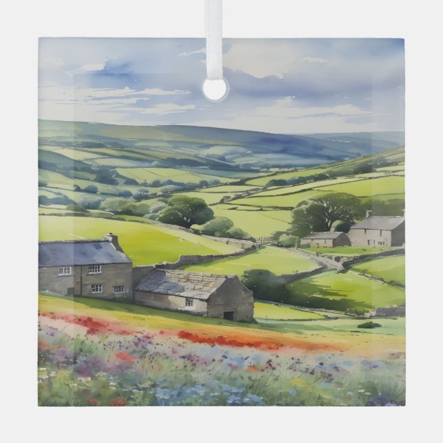 "Yorkshire Meadowsong" Landscape Yorkshire Dales Ornament Aus Glas (Vorderseite)