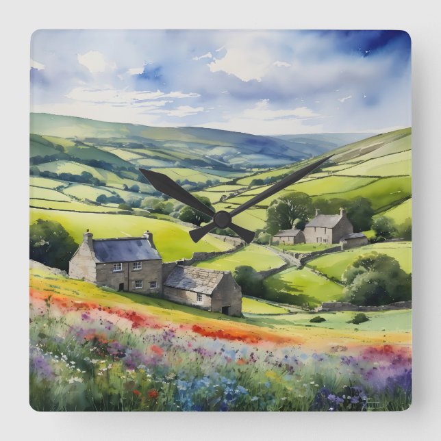 "Yorkshire Meadowsong" Landscape Yorkshire Dales Quadratische Wanduhr (Vorderseite)