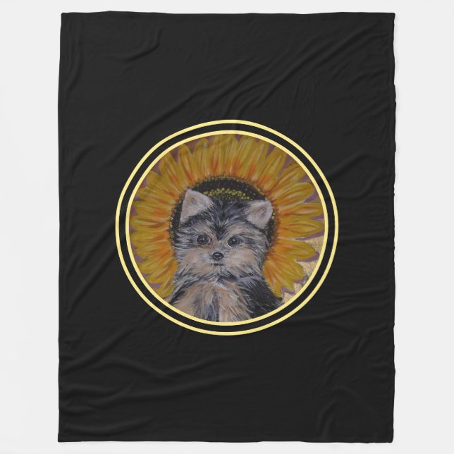 Yorkshire Puppy Dog & Sunflower auf Black Fleecedecke (Vorderseite)