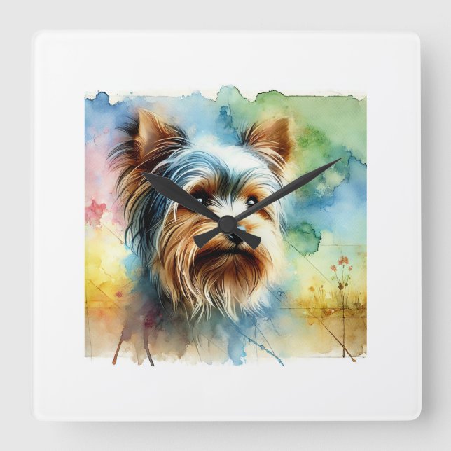 Yorkshire Terrier 080724AREF106 - Watercolor Quadratische Wanduhr (Vorderseite)