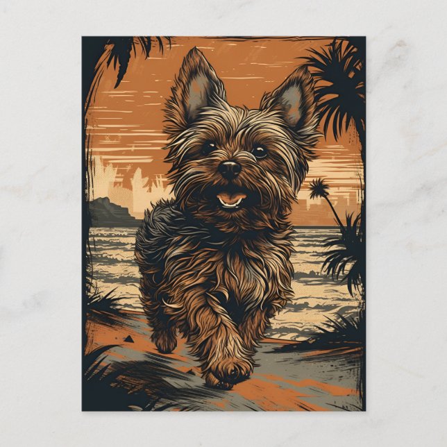 Yorkshire-Terrier am Strand Postkarte (Vorderseite)