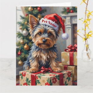 Yorkshire Terrier auf Geschenken mit Santa-Hut Karte