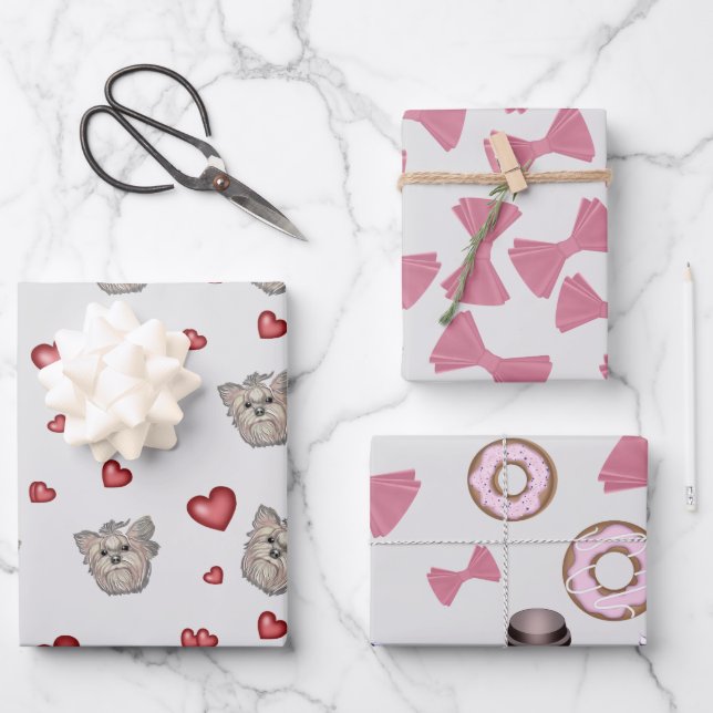 Yorkshire Terrier Bows Hearts Set Geschenkpapier Set (Vorderseite)