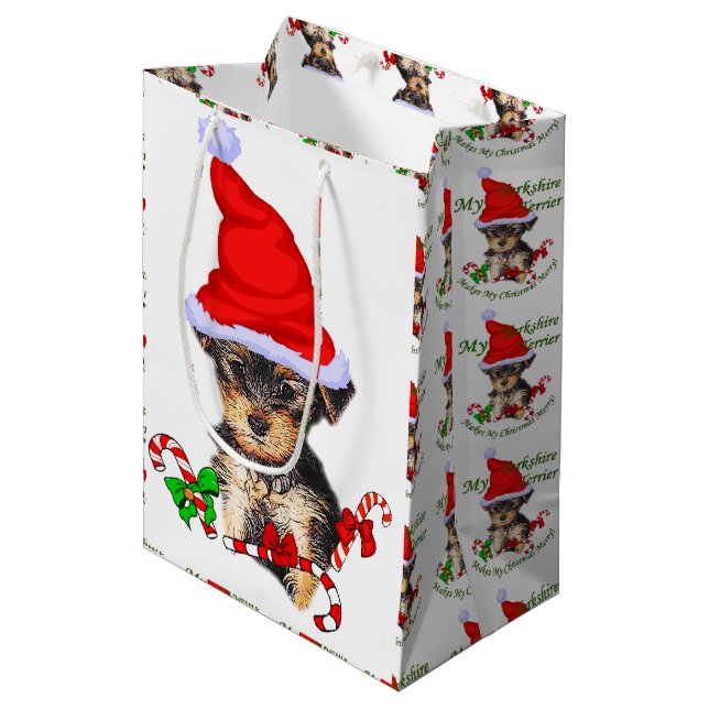Yorkshire Terrier Christmas Mittlere Geschenktüte (Vorderseite Schrägansicht)