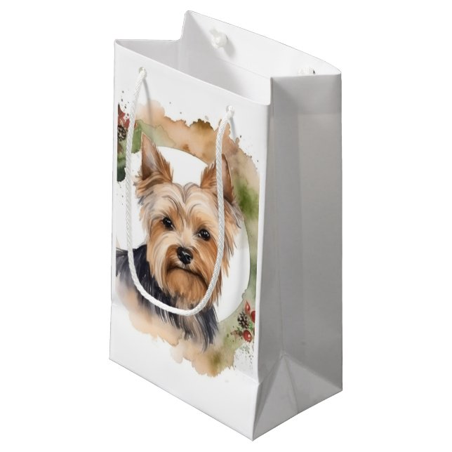 Yorkshire Terrier Christmas Wreath Festivals Kleine Geschenktüte (Vorderseite Schrägansicht)