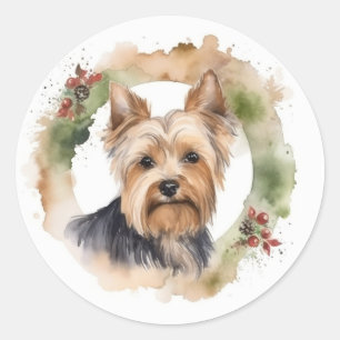 Yorkshire Terrier Christmas Wreath Festivals Runder Aufkleber