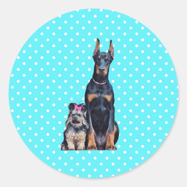 Yorkshire Terrier Doberman Blue Polka Dots Runder Aufkleber (Vorderseite)
