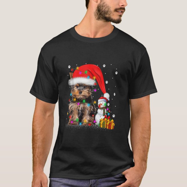 Yorkshire Terrier Dog Christmas Lights Santa Snowm T-Shirt (Vorderseite)