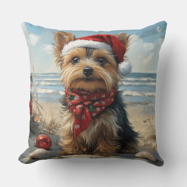 Yorkshire Terrier Dog Christmas Vintag Beach Kissen (Vorderseite)