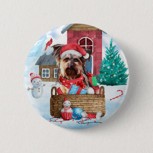 Yorkshire Terrier Dog im Schnee Weihnachtshundehau Button