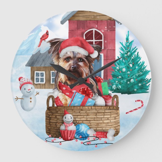 Yorkshire Terrier Dog im Schnee Weihnachtshundehau Große Wanduhr (Vorderseite)