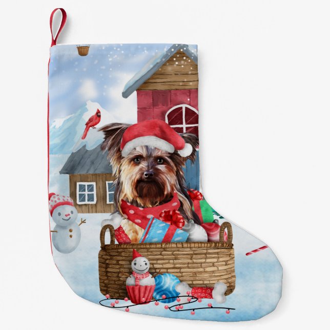 Yorkshire Terrier Dog im Schnee Weihnachtshundehau Kleiner Weihnachtsstrumpf (Vorderseite)