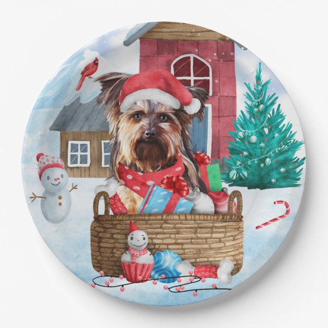 Yorkshire Terrier Dog im Schnee Weihnachtshundehau Pappteller (Vorderseite)