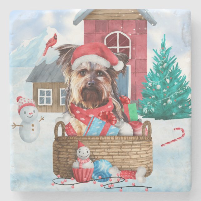 Yorkshire Terrier Dog im Schnee Weihnachtshundehau Steinuntersetzer (Vorderseite)