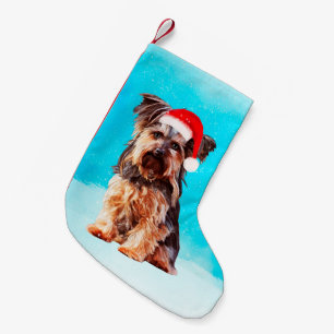 Yorkshire Terrier Dog in der schneeweihnachtlichen Kleiner Weihnachtsstrumpf