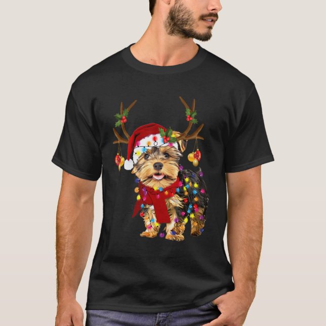 Yorkshire Terrier Dog mit Rentier Horn Funny Chr T-Shirt (Vorderseite)